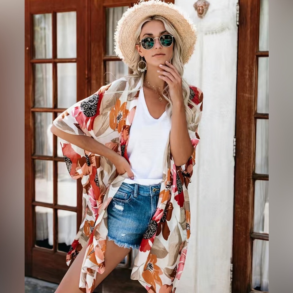 Floral open front Kimono. Country chic or beach ready.
